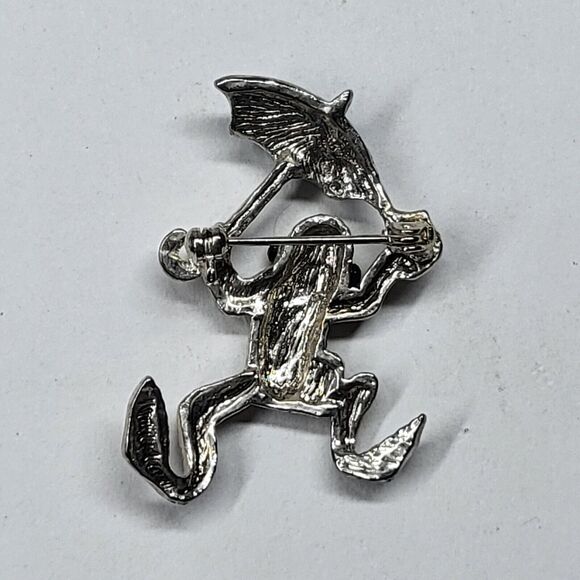 Frog w/Umbrella Pin Vintage Silvertone Toad Brooch - Picture 4 of 6